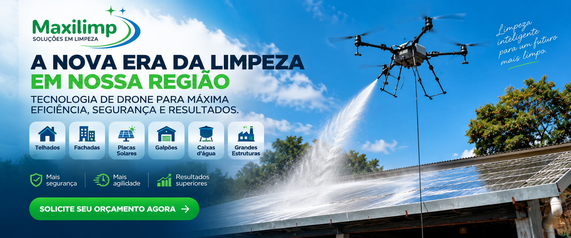 Maxilimp — A nova era da limpeza com drone na região. Tecnologia de drone para máxima eficiência, segurança e resultados.